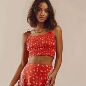 Free People Kaia Smocked Crop Top Floral Red Size XS Hippie Boho Festival Garden